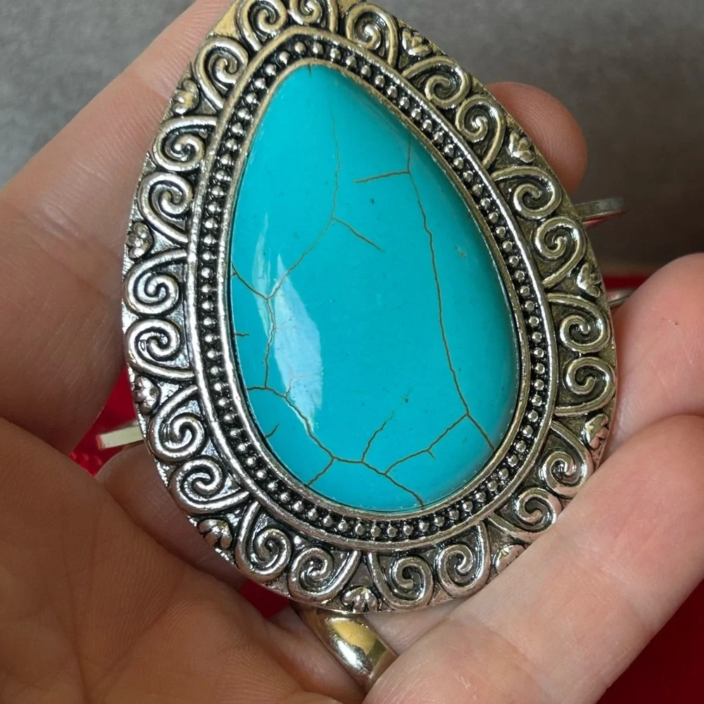 Vintage Kenneth Jay Lane Turquoise  Teardrop Stone Silver-Tone Cuff Bracelet - Picture 2 of 8